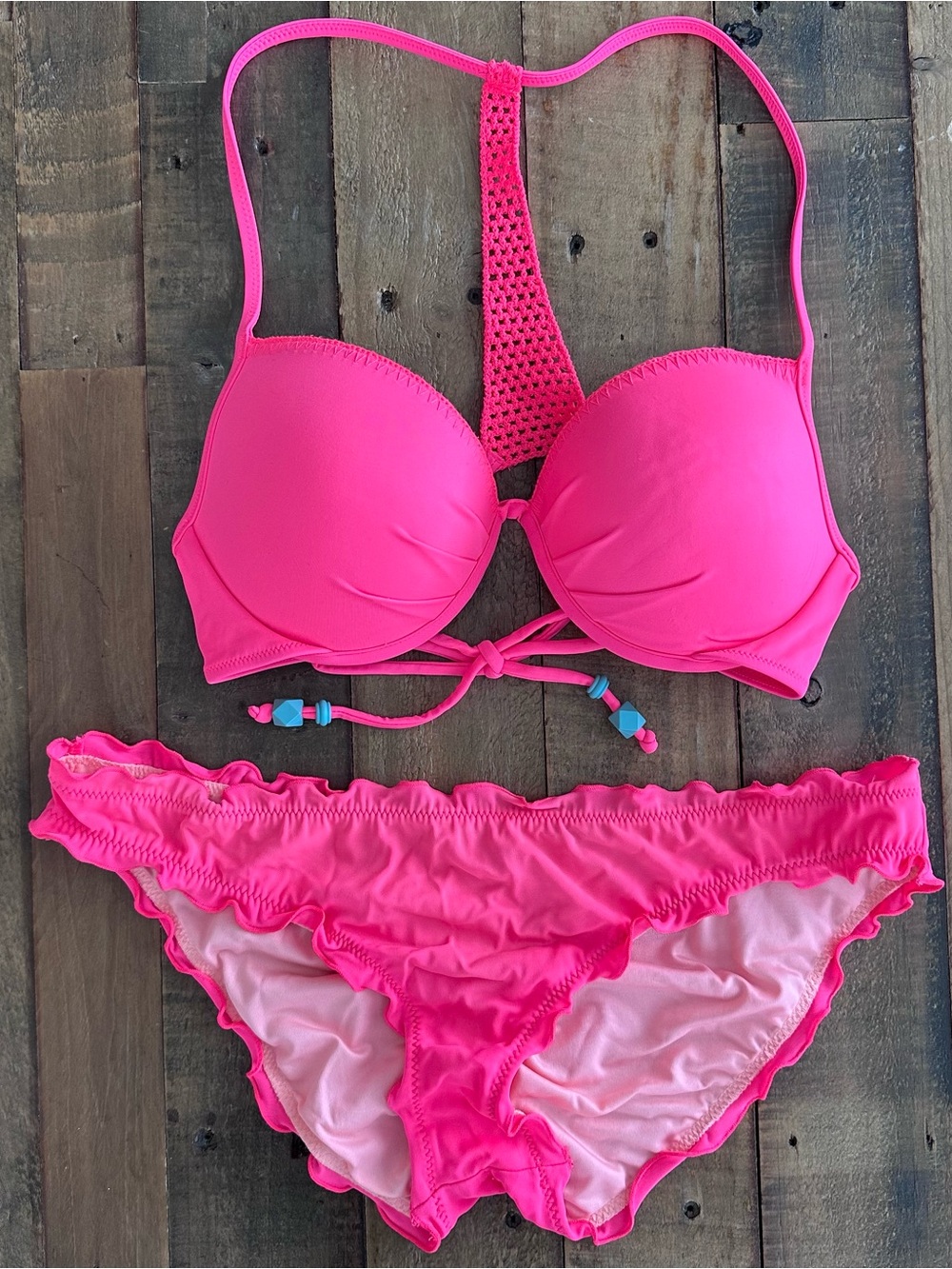 Victoria’s Secret Bright Pink/Coral Fabulous Crochet Bikini Top & Bottom